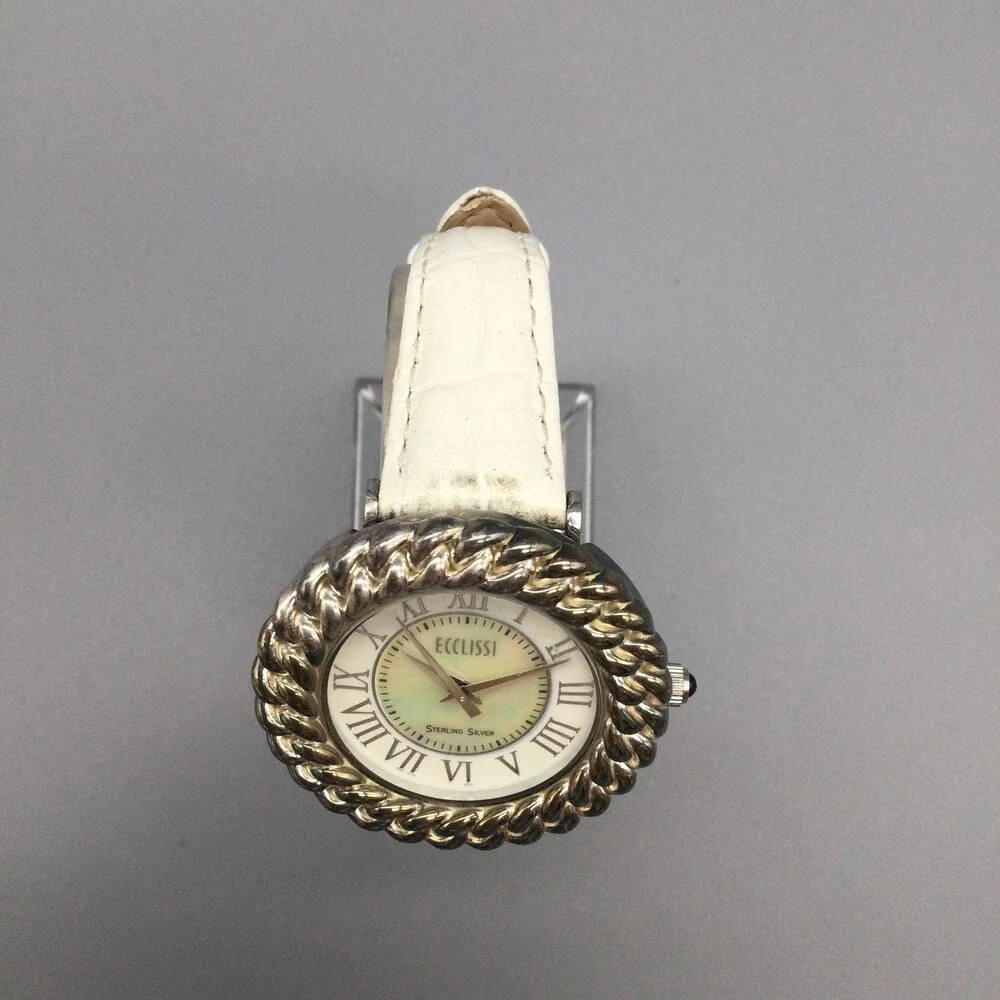 Ecclissi Womens Watch 37mm Sterling Silver MOP Dial Leather 23890 New Battery